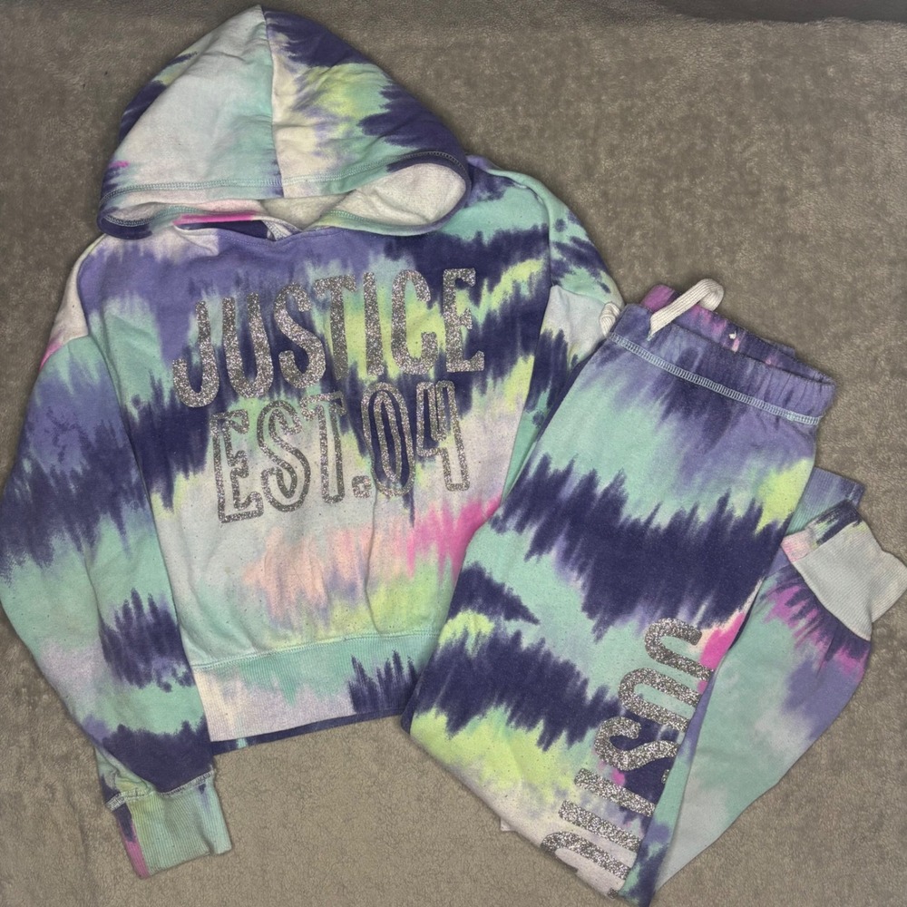 Justice Girls Tie Dye Hoodie and Joggers 2 Piece Set Glitter Logo Size S 7/8
